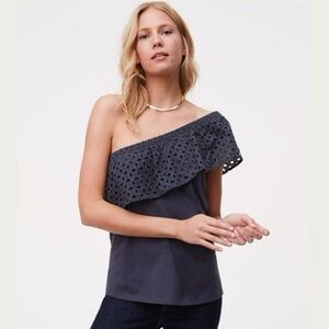 NWT LOFT Gray One-Shoulder Eyelet Blouse